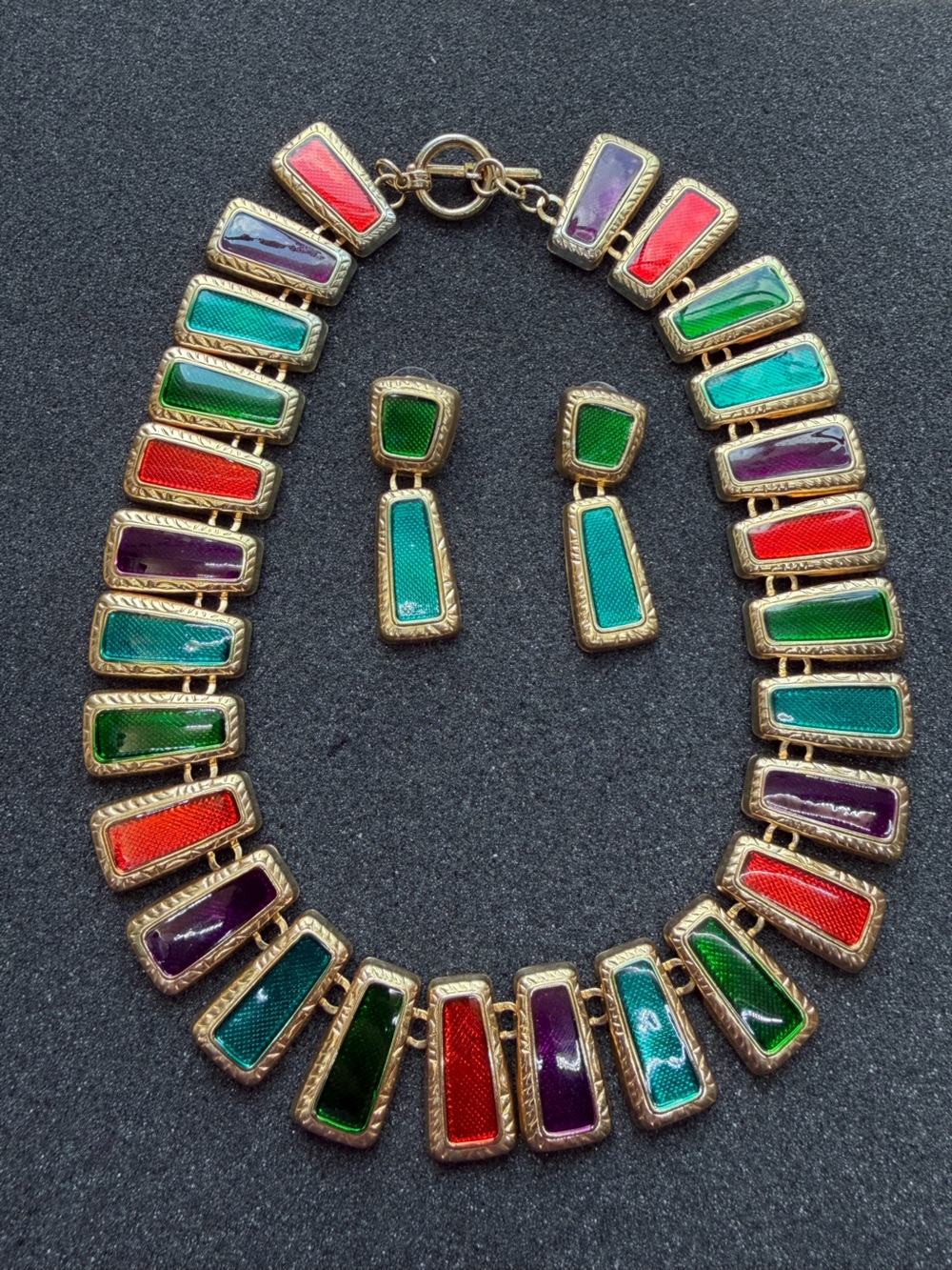 Vintage Gold-Tone Multicolor Enamel Link Necklace And Earrings Set - Picture 4 of 9